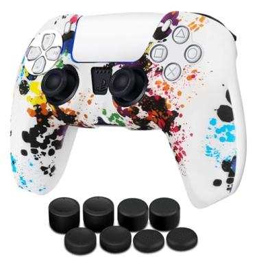 Imagem de TNP Capa para controle de silicone para PS5, capa dupla + conjunto de 8 punhos para polegar Pro Sony Playstation 5 Skins acessórios tinta respingada com aderência texturizada ergonômica