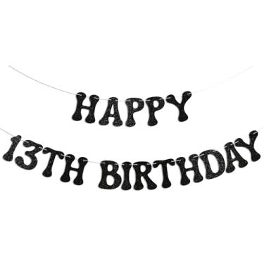 Imagem de Faixa Happy 13th Birthday - Cheer to 13 Years, decoração de festa de aniversário de 13 anos oficialmente adolescente com glitter preto