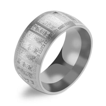 Imagem de QUSIIOSLK Anel religioso budista vintage de aço inoxidável largo anel de mantra da sorte coração chinês sutra gravado anel budista mantra antigo amuleto riqueza anel de joias anel de presente para