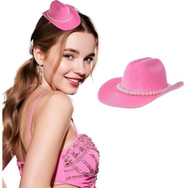 Imagem de Mini chapéu de cowboy com clipe de chapéu de vaqueira de strass para decoração de festa de discoteca, boné de festa ocidental, acessório de fantasia de cosplay pérola, rosa, P