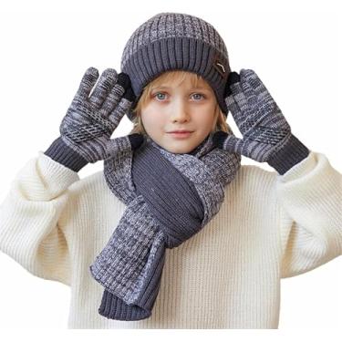 Imagem de Conjunto De Gorro De Inverno Para Crianças, Chapéu, Cachecol Para Meninas E Meninos De 4 A 10 Anos, Grey