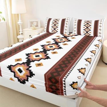 Imagem de Jogo de lençol Queen asteca boêmio, geométrico, étnico, retrô, exótico, estilo nórdico, decoração de quarto de adultos, branco, preto, marrom, lençol com elástico, lençol com elástico e 2 fronhas, sem