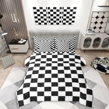 Imagem de Erosebridal Conjunto de edredom solteiro com 7 peças, quadriculado, preto e branco, reversível, casa de fazenda, buffalo, xadrez em uma bolsa para quarto de crianças, meninos e adolescentes, conjunto