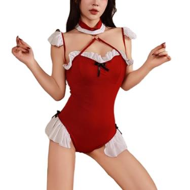 Imagem de BIGFOX Sexy Bunny Costume for Women, Red Halter Ruffle Trim Bodysuit with Plush Tail Maid Lingerie for Cosplay, Theme Party