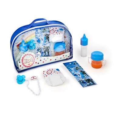 Imagem de Kit Cuidados Bebe azul Acessórios para Boneca Bolsa Infantil Fralda Mamadeira Magica chupeta com prendedor Cartela adesivos Copo suco magico ED1 Brinquedos