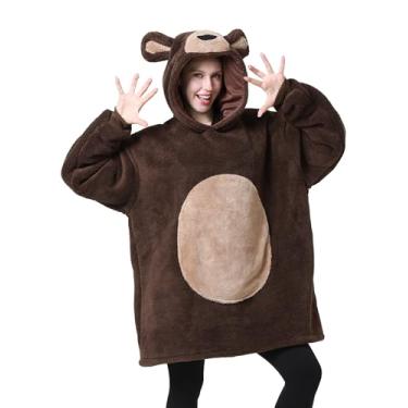 Imagem de dressfan Moletom unissex de fantasia de urso felpudo, veludo shu e sherpa, grande, quente, aconchegante com bolso gigante, tamanho único, Marrom, Tamanho Único