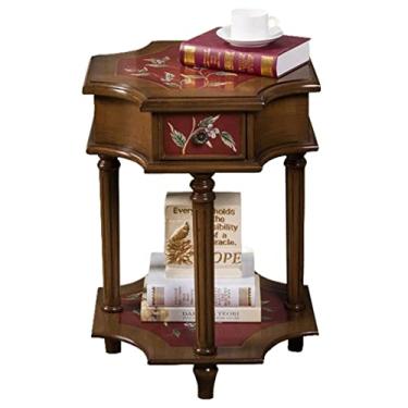 Imagem de Mesa de centro de design simples, mesa de cabeceira vintage, mesa de canto de madeira antiga e chique, mesa de cabeceira pequena com gaveta e prateleira de armazenamento aberta para sala de estar