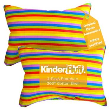 Imagem de Kinder Fluff Children Pillow (2Pk) 10x15in – First Pillow for Kids Age 2+, Bright Rainbow Design, 100% Cotton Sateen Stripe 300T, Down Alternative Fill, Machine Washable, Colourful Kids Cushion XS