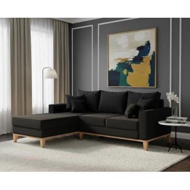 Imagem de Sofá Beny com Chaise Esquerda, 1,40x2,00m, 3 Lugares, Linho, Base em Madeira. (Preto)