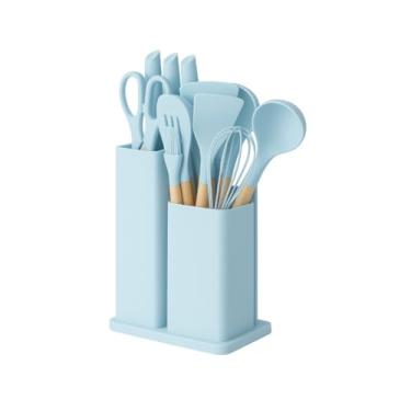 Imagem de Conjunto De Utensílios De Silicone Com Cabo De Madeira E Kit De Facas Com Tábua – 19 Peças(Azul)