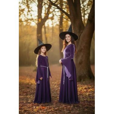 Imagem de Vestido Medieval Bruxa clássica na cor roxa halloween acompanha chapeu