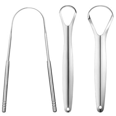 Imagem de Raspador de língua de metal para adultos, raspadores de língua de aço inoxidável com estojos de viagem, ferramenta de limpeza oral reutilizável para hálito fresco e higiene da língua, conjunto de
