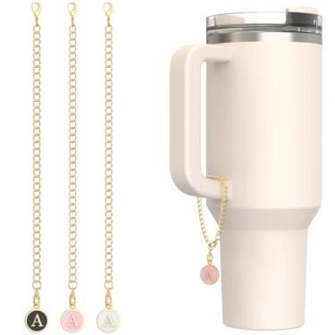 Imagem de Pacote com 3 acessórios para copo Stanley Tumbler, pingente de alça personalizada com nome inicial para copo moderno, branco, preto, rosa, letra A