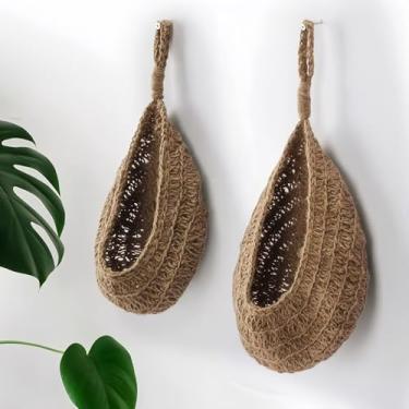 Imagem de Cesta de frutas pendurada na parede, cesta de armazenamento de corda de algodão tecida à mão, bolsa organizadora de vegetais montada na parede para cozinha e decoração de casa (marrom)