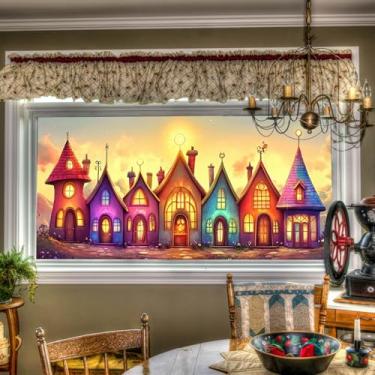 Imagem de HOMETITUTE Película colorida para janela de vitral, vila de conto de fadas, pôr-do-sol, adesivos artísticos de vidro para casa, sala de estar, quarto, capa de privacidade 100 × 48 cm