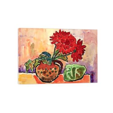 Imagem de BMZFYBS Pôster e impressões em tela de flores vintage - reprodução de pintura de arte de parede famosa - Dálias vermelhas - imagens prontas para pendurar tela emoldurada de 90 x 125 cm 35 x 49 pol