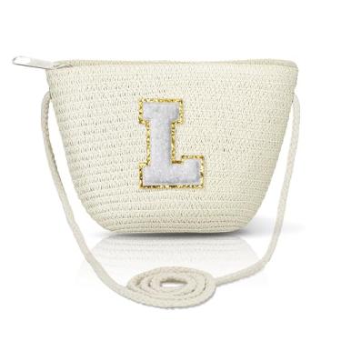 Imagem de Bolsa transversal de palha para mulheres bolsas de verão iniciais feitas à mão bolsa de praia tecida para viagens férias presentes de aniversário personalizados, Bege-grande-l