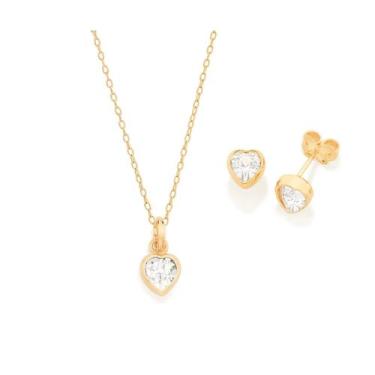 Imagem de Kit Brinco e Colar Rommanel Banhado Ouro 18k Coração Zircônia 520332-5