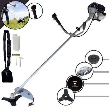 Imagem de Roçadeira Robusta Toyama TBC43H À Gasolina 2T 43cc 1,7HP 4 Opções de Corte Com Lâmina 3 Pontas, Lâmina 80 Dentes, Escova de Aço e Carretel de Nylon