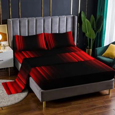 Imagem de Nttopship Jogo de cama solteiro com 4 peças, vermelho e preto, abstrato, ombré, com bolsos profundos, decoração de quarto ombré, abstrato, 4 peças (1 lençol + 1 lençol + 2 fronhas)