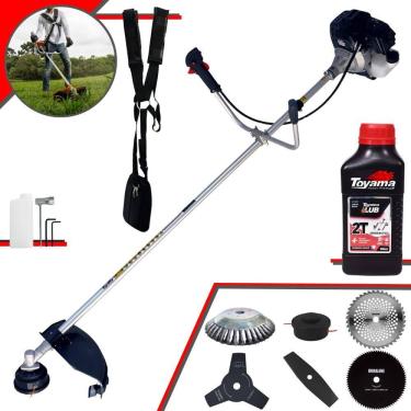 Imagem de Roçadeira À Gasolina Toyama RT43LB25A 43cc Com Carretel, Faca 2 Pontas, Faca 3 Pontas, Faca 40 Dentes Vídea, Faca 80 Dentes + Escova + ÓLEO TOYAMA 2T