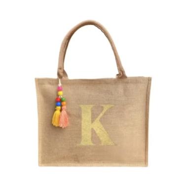 Imagem de Bolsa Juta Personalizada Letra Dourada Inicial Do Nome - Praia Ecologica - (K)