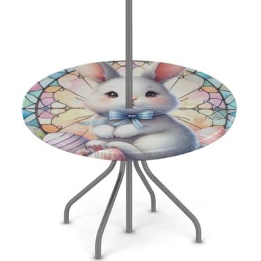 Imagem de hongjinglin Toalha de mesa de Páscoa para uso ao ar livre com orifício para guarda-chuva, toalha de mesa redonda elástica com zíper, impermeável, limpável, para piquenique, festa, pátio, serve para