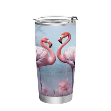 Imagem de Blueangle Copo de 590 ml com tampa e canudo, copo de café com água isolada a vácuo de aço inoxidável, caneca de viagem flamingos rosa copo térmico para bebidas quentes e frias (350)