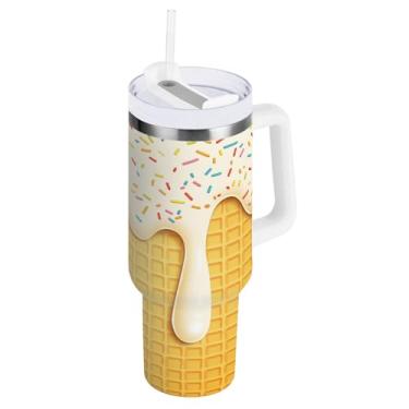 Imagem de Blueangle Copo isolado de 850 g com alça e tampa de canudo - Caneca de viagem de aço inoxidável à prova de vazamento, garrafa de água de cone de sorvete a vácuo de parede dupla (276)