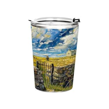 Imagem de Blueangle Copo de 340 g com tampa e canudo, copo de café com água isolada a vácuo de aço inoxidável, caneca de viagem doméstica camponesa copo térmico para bebidas quentes e frias (672)