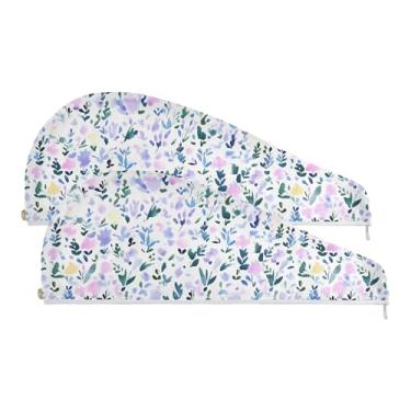 Imagem de SEHANY Toalha de cabelo de microfibra de flores coloridas elegantes para mulheres, 2 peças, turbantes de cabelo de secagem rápida com botão, touca de cabelo seco absorvente toalha de secagem de cabelo