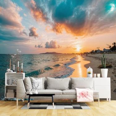 Imagem de Murais de parede de tamanho personalizado, tecido de parede autoadesivo de praia pôr do sol (sem PVC) Papel de parede grande removível para sala de estar, quarto, escritório
