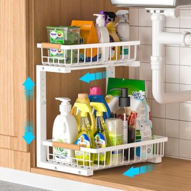 Imagem de Liuoud Organizador sob a pia 1 pacote, 2 camadas deslizantes de altura ajustável, gavetas organizadoras de armário, cozinha, banheiro, grande capacidade, metal, embaixo da pia, prateleiras de cesta