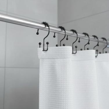 Imagem de 12 anéis de ganchos de cortina de chuveiro, anéis de metal resistente à ferrugem, ganchos de chuveiro deslizantes duplos para cortinas de varões de chuveiro de banheiro