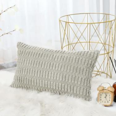 Imagem de Capas de almofada decorativas de veludo cotelê 40,6 x 61 cm, super macias, boêmias, listradas, retangulares, capas modernas para sofá, sofá, quarto, carro, decoração cinza claro