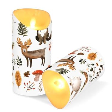 Imagem de ATTX Pacote com 2 velas fofas sem chama de animais da floresta – Velas LED de 7,6 cm x 15 cm com controle remoto e temporizador para casa, casamento, decoração de acampamento #111