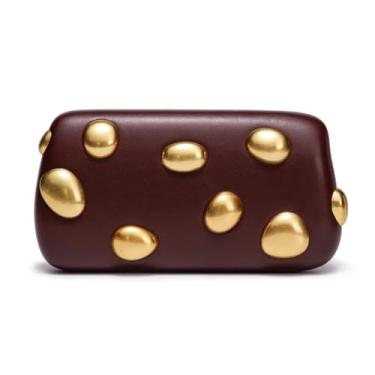 Imagem de Bolsa de mão feminina com contas de couro PU de luxo para noite bolsa transversal para festa de casamento, formatura, Chocolate, 19.5 x 4.5 x 10 cm