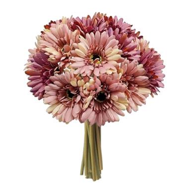 Imagem de Momiaday Momiday 16 peças de flores artificiais gerbera margarida, flores de seda sintética para decoração de casamento em casa, arranjo floral elegante para centros de mesa (champanhe + rosa