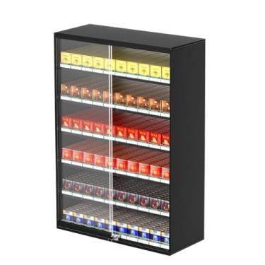 Imagem de Rack de exibição de cigarro com porta de vidro bloqueável, mesa de metal e suporte de parede para lojas, supermercados, shoppings - preto, solução de varejo de 56,5 x 17,3 cm