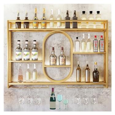 Imagem de Prateleiras de bar de metal montadas na parede com suporte de vidro de vinho, suporte de garrafa de licor, armário de bebidas para exibição de garrafas de bar em casa, sala de jantar, cozinha (ouro