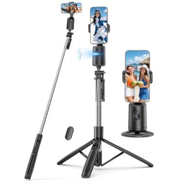 Imagem de Tripé de rastreamento de rosto automático de 66 polegadas para iPhone, suporte de tripé de telefone com rotação de 360° com controle remoto, suporte inteligente de disparo para câmera, bastão de