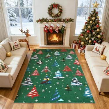Imagem de Garvee Tapetes de área de 12 x 18 cm para sala de estar, tapetes de Natal com padrão de árvore de Natal para decoração de férias, antiderrapante, tapete lavável para sala de jantar, quarto, verde