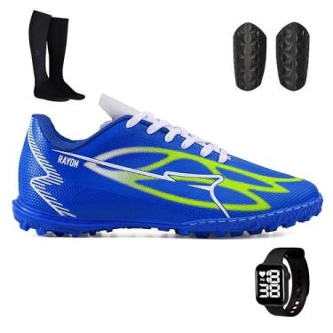 Imagem de Kit com Chuteira Sintético + Meião + Caneleira e Relógio - Rayon, Azul