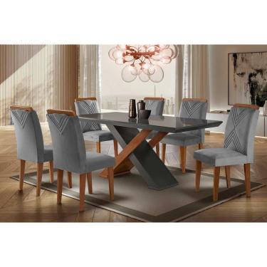 Imagem de Sala De Jantar Completa Imperatriz Tampo Madeirado C- Vidro Reto 180x90 E 6 Cadeiras Amsterdã Imbuia-grafite - Suede Grafite - Rufato