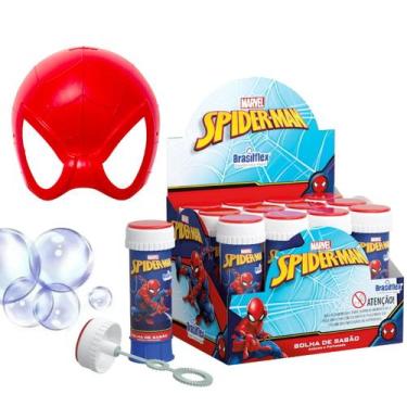 Imagem de Kit 12 Máscaras e 12 tubos Bolhas de Sabão Homem Aranha p/ Festa Infan