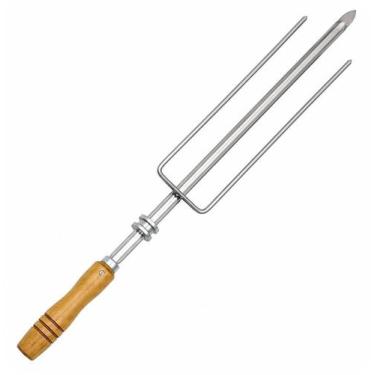 Imagem de Espeto Inox Triplo Com Garfo Roldana Para Churrasqueira Rotativa Cabo 