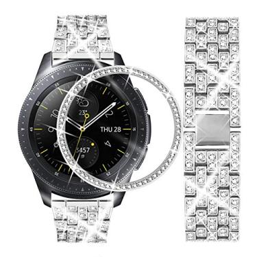 Imagem de Dsytom Pulseira feminina para Samsung Galaxy Watch de 42 mm + bisel, joias de 20 mm e capa de anel de bisel, pulseira de diamante para Galaxy Watch 4 Classic de 42 mm (prata)