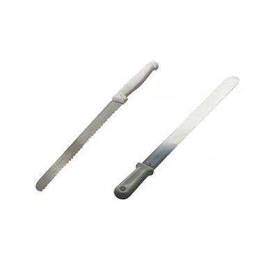 Imagem de Espátula Para Bolo Branca 30cm em Inox + Faca Fio Ondulado Branca 30cm em Inox