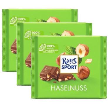 Imagem de 3 Chocolate Ritter Sport Hazelnuts Com Pedaços De Avelã 100G