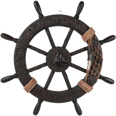 Imagem de ULTNICE Decoração de rodas náuticas rústico barco navio volante rede de pesca escultura parede leme pendurado ornamento para decoração de tema de praia em casa